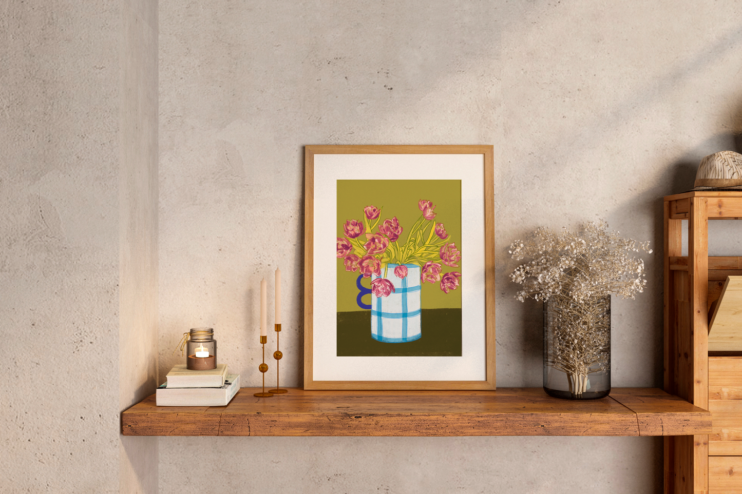 Purple Tulips in Blue Vase Art Print