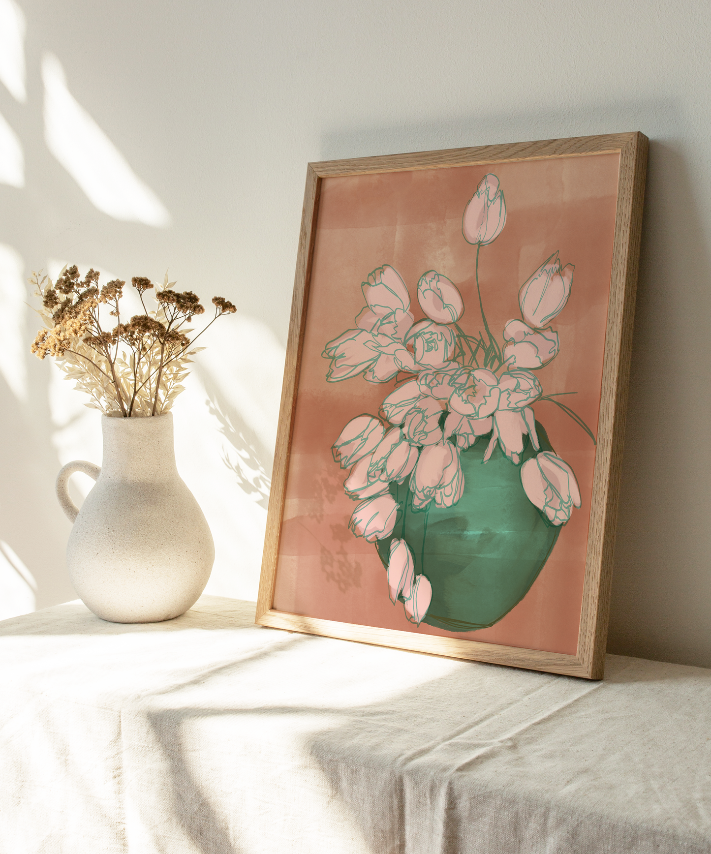 Pink Tulip Art Print, Floral Still Life Painting, Botanical Wall Decor, Flower Illustration