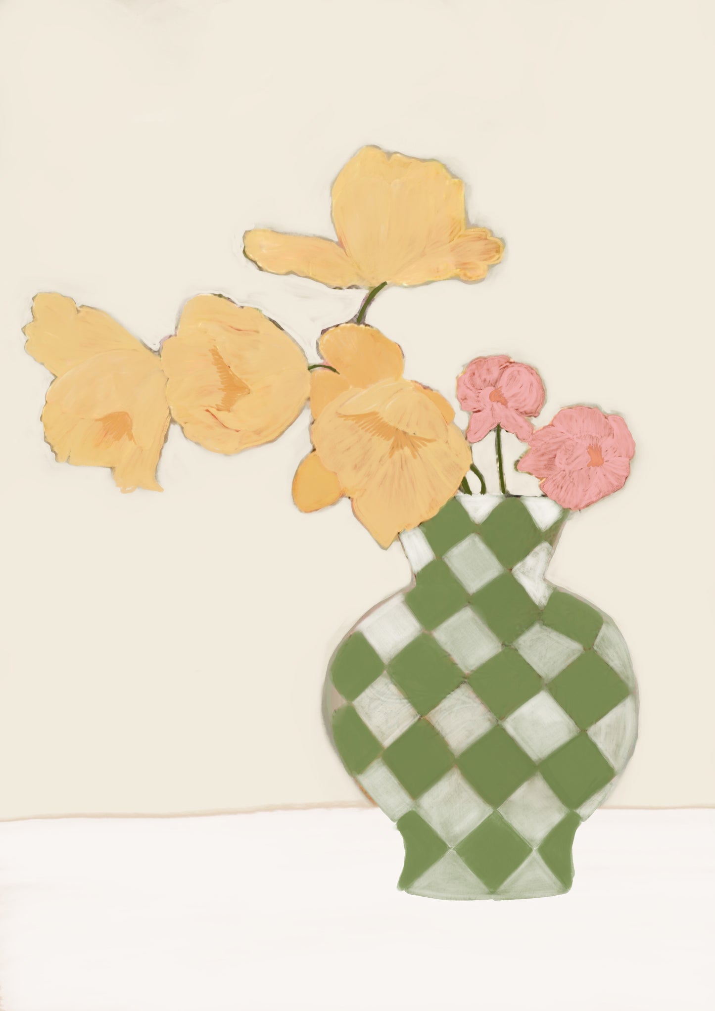 Tulips in Check Vase Print | Soft Pastel Floral Decor