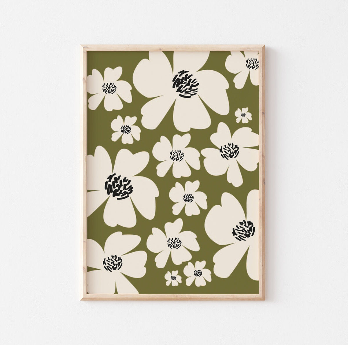Retro Floral Print: Cream & Olive Botanical Illustration