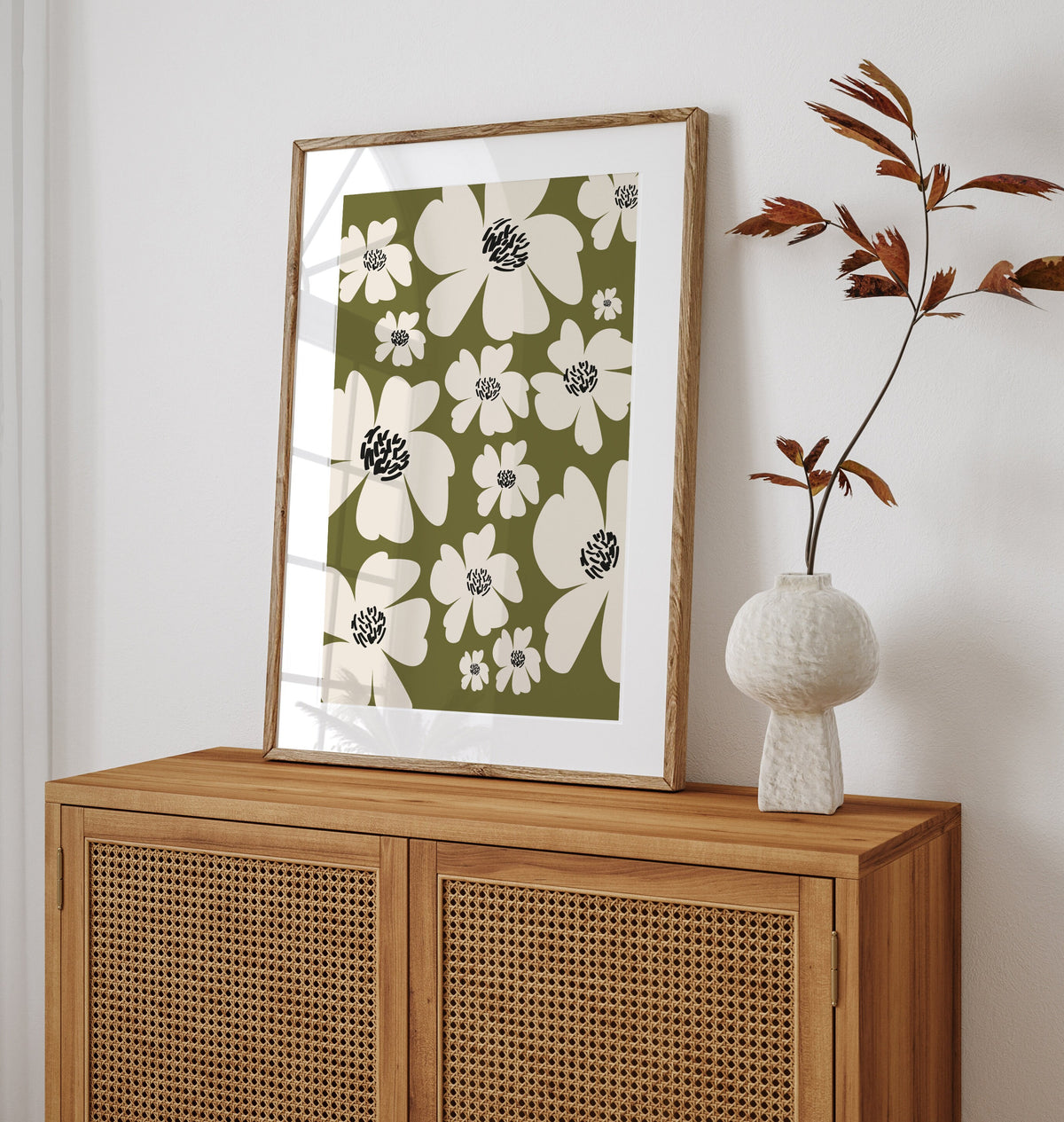 Retro Floral Print: Cream & Olive Botanical Illustration