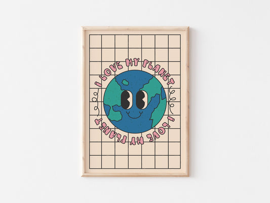 I Love My Planet Print: Checkered Kids Room Wall Art