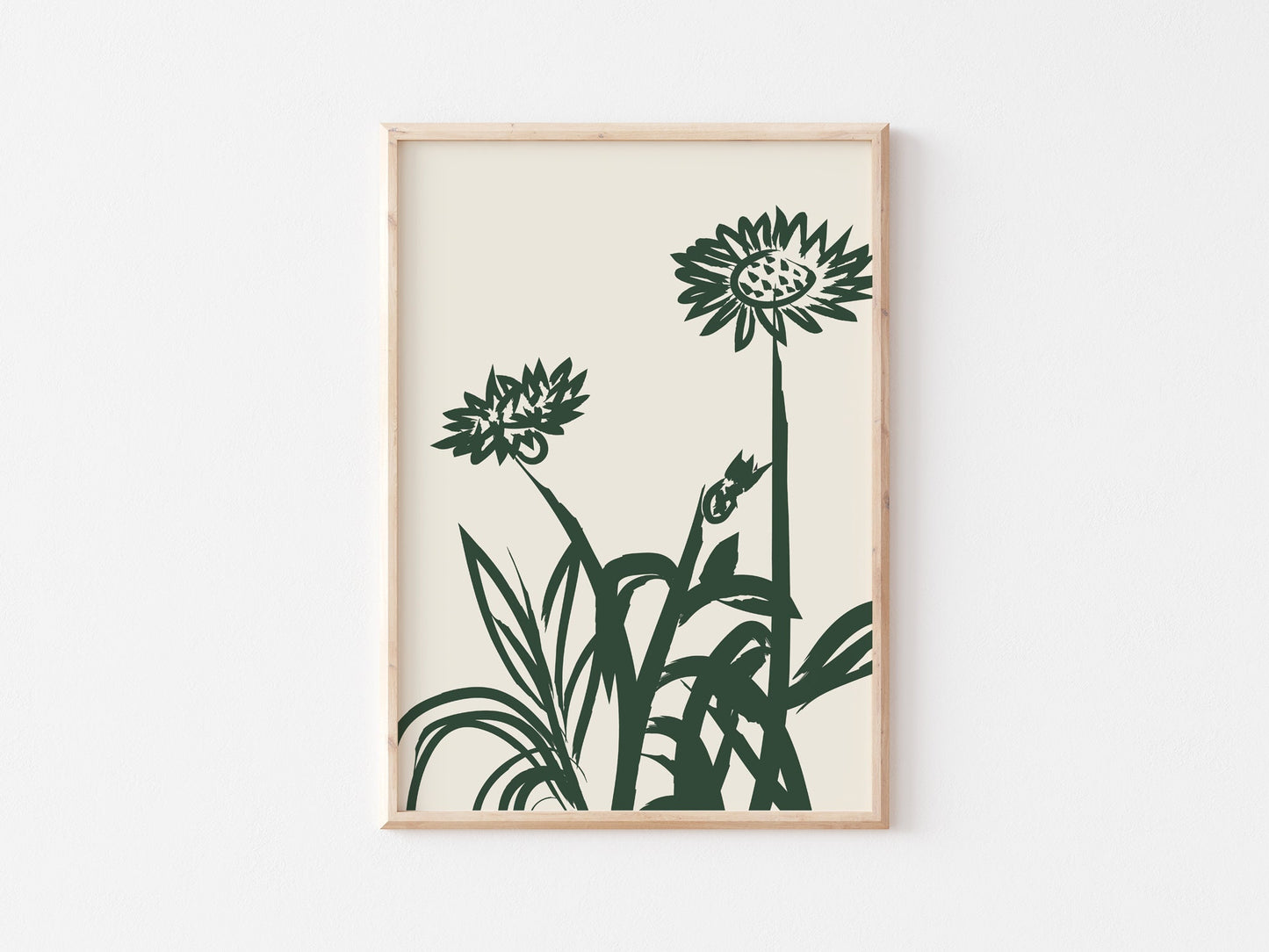 Floral Print: Forest Green Botanical Illustration, Minimalist Wall Art