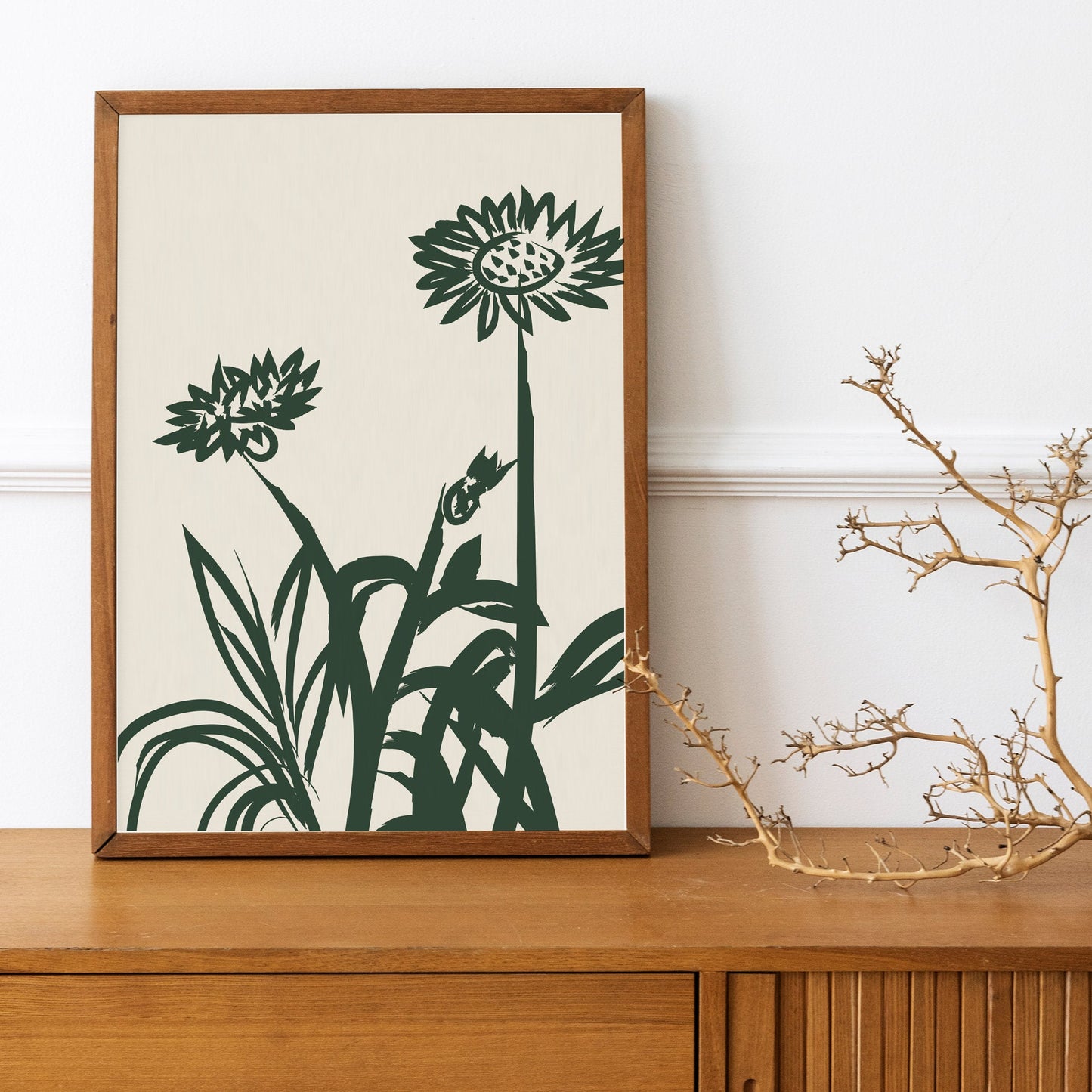 Floral Print: Forest Green Botanical Illustration, Minimalist Wall Art