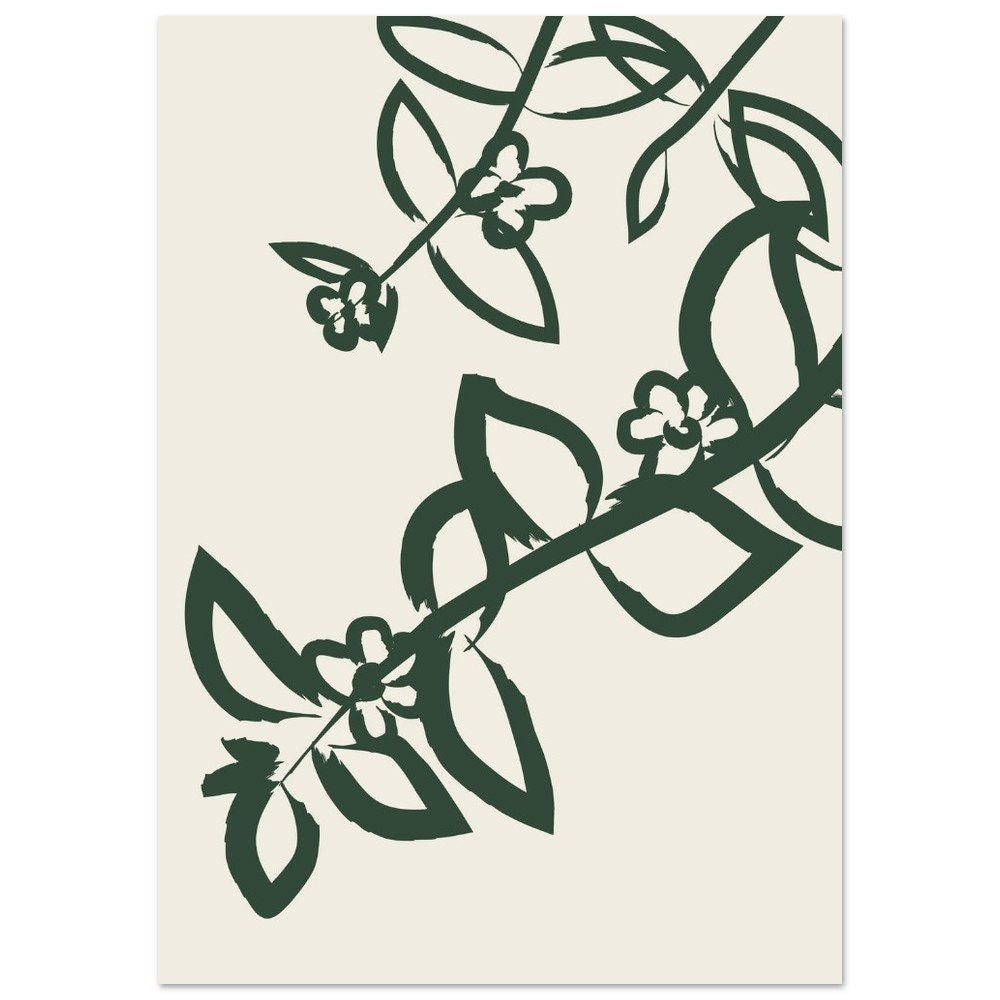 Floral Print: Forest Green Botanical Illustration, Modern Wall Art