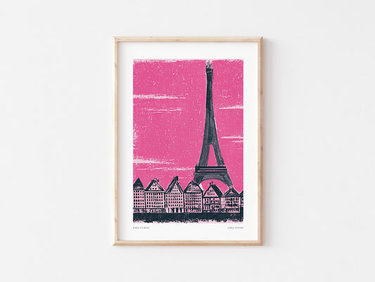 Paris En Rose Print: Eiffel Tower Sketched Art