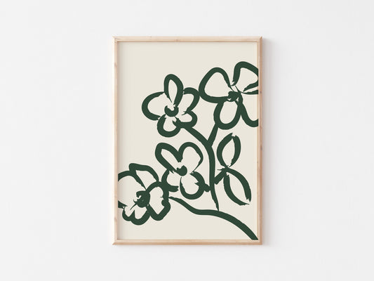 Floral Forest Green Print: Minimalist Botanical Illustration