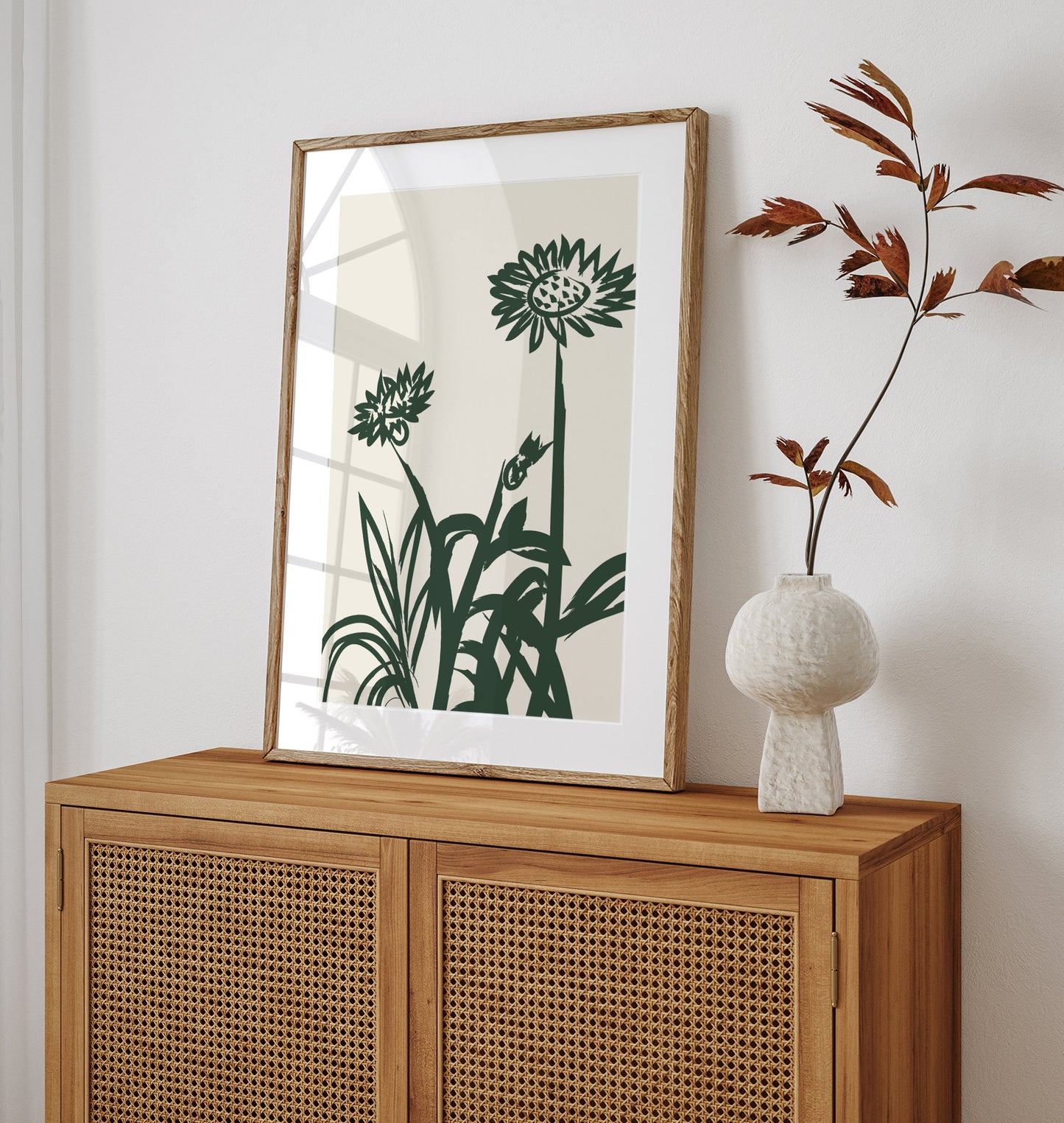 Floral Print: Forest Green Botanical Illustration, Minimalist Wall Art