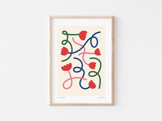 Abstract Floral Print: Colorful Twisting Stems, Boho Wall Art