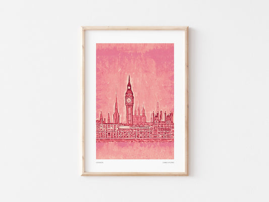 Pink London Art Print: Sketched Travel Poster