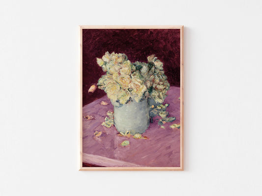 Yellow Roses in a Vase Vintage Print: Botanical Antique Wall Decor