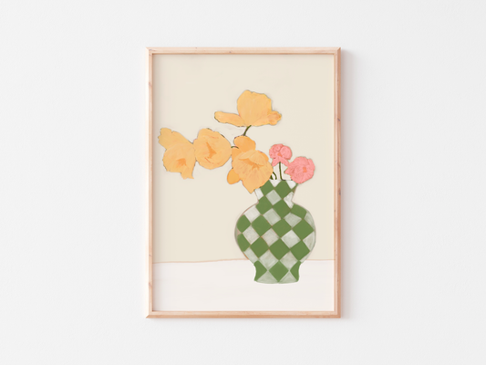 Tulips in Check Vase Print | Soft Pastel Floral Decor