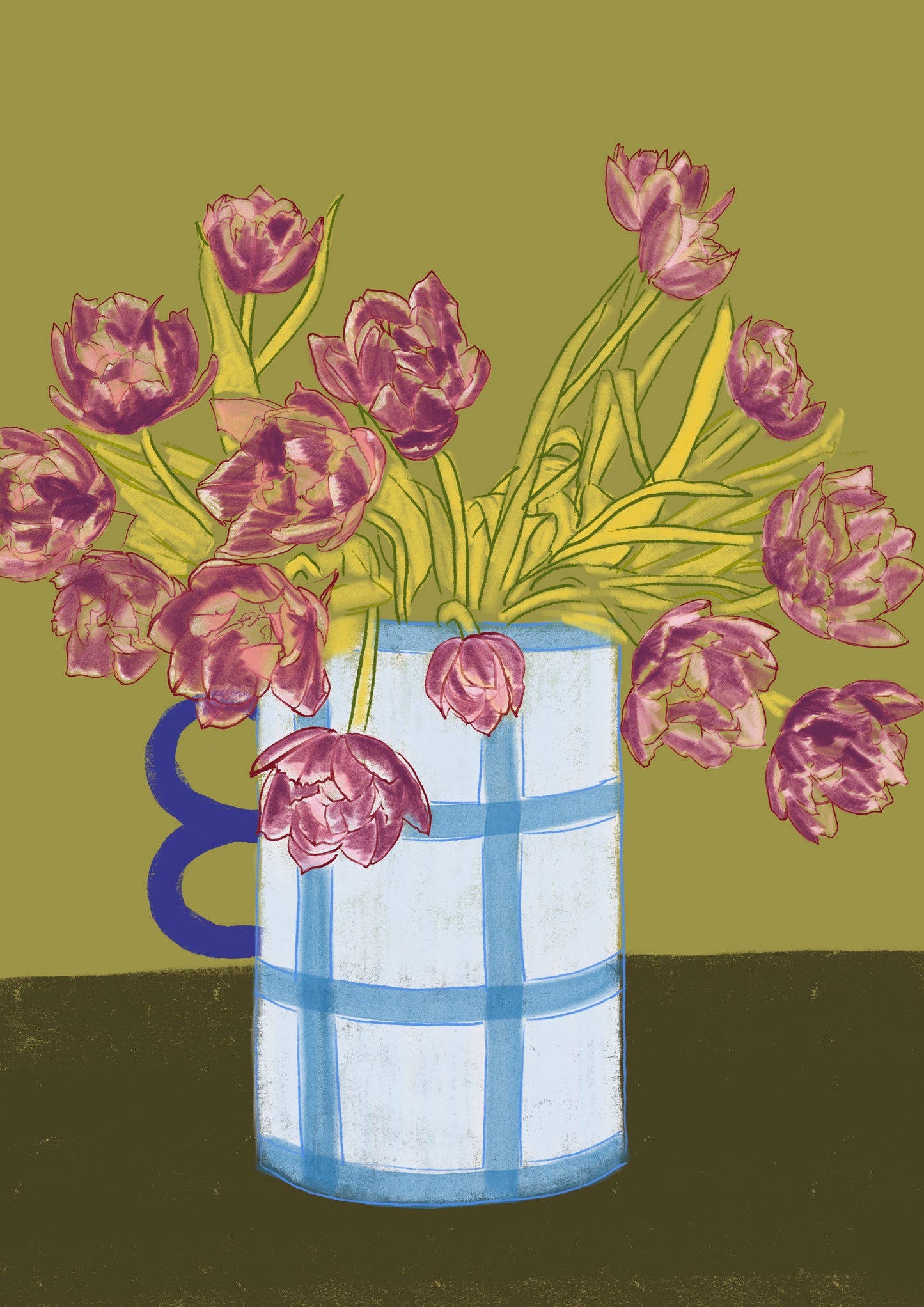 Purple Tulips in Blue Vase Art Print