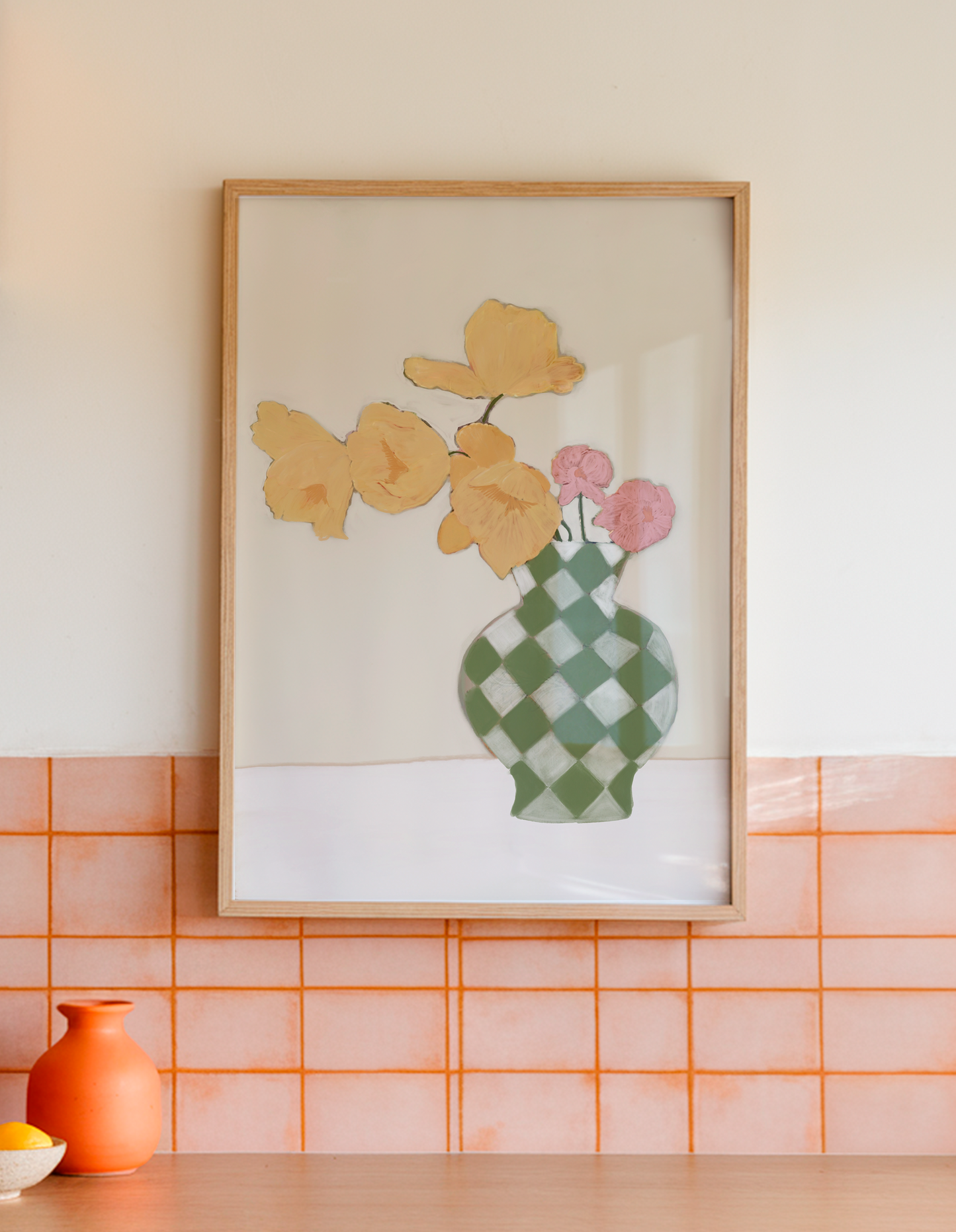 Tulips in Check Vase Print | Soft Pastel Floral Decor