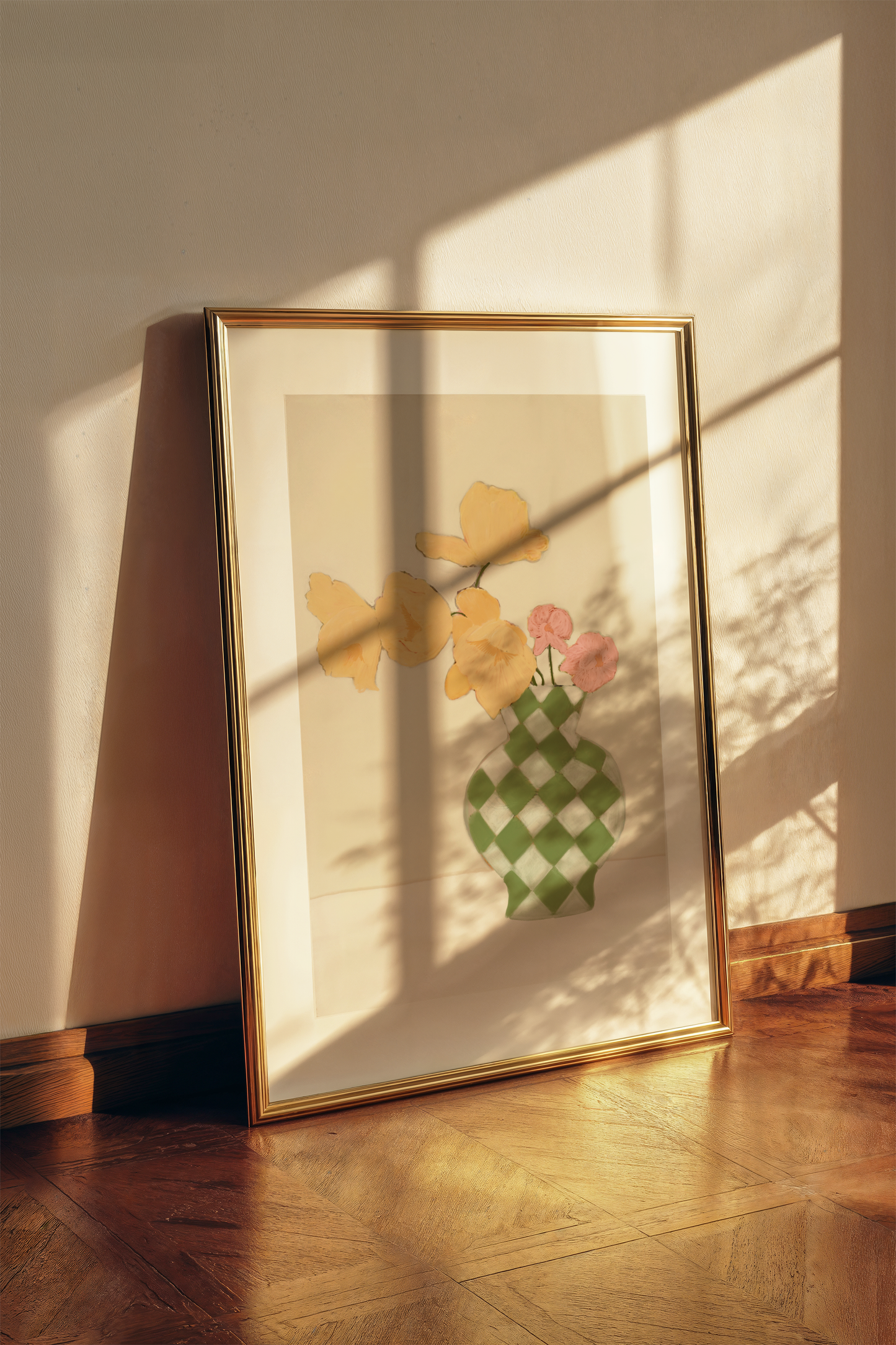 Tulips in Check Vase Print | Soft Pastel Floral Decor