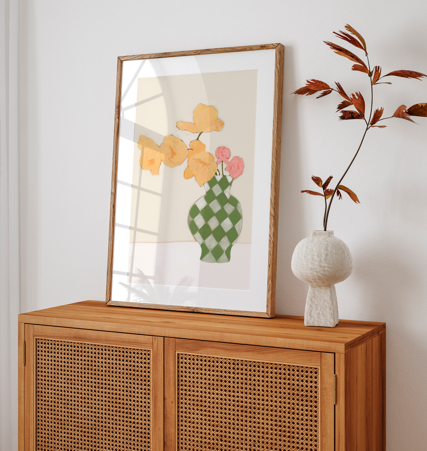 Tulips in Check Vase Print | Soft Pastel Floral Decor