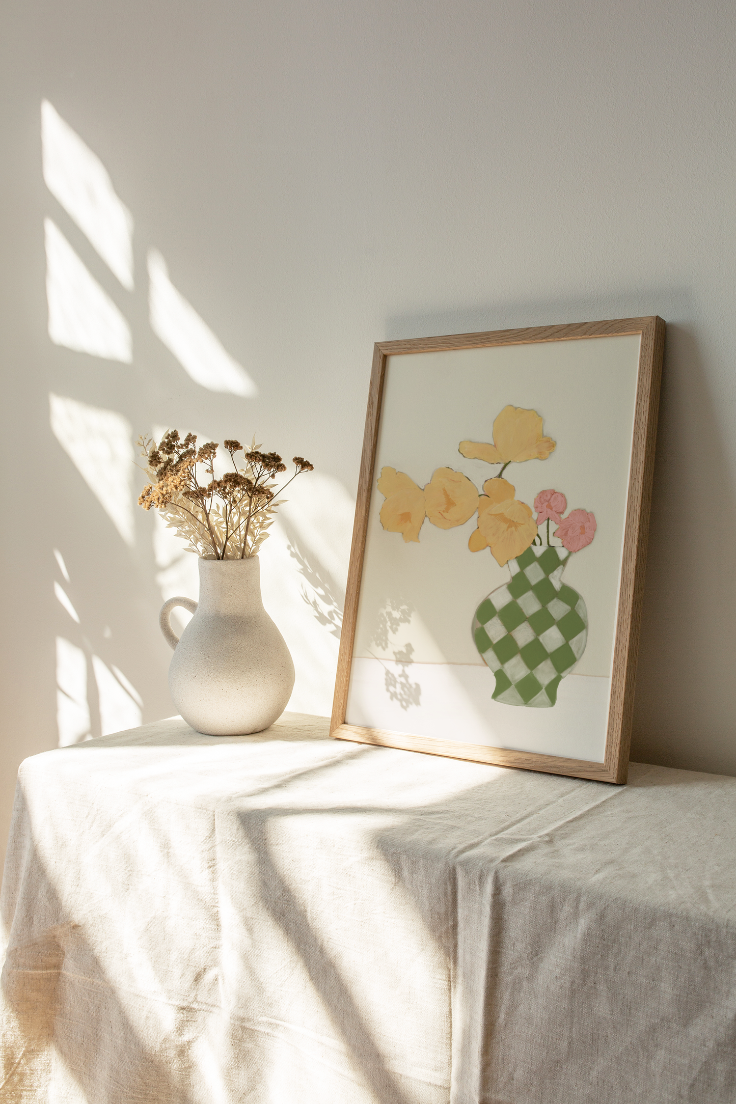 Tulips in Check Vase Print | Soft Pastel Floral Decor