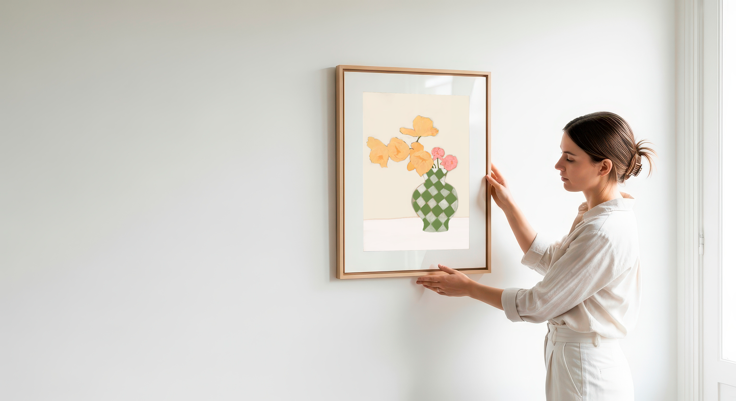 Tulips in Check Vase Print | Soft Pastel Floral Decor