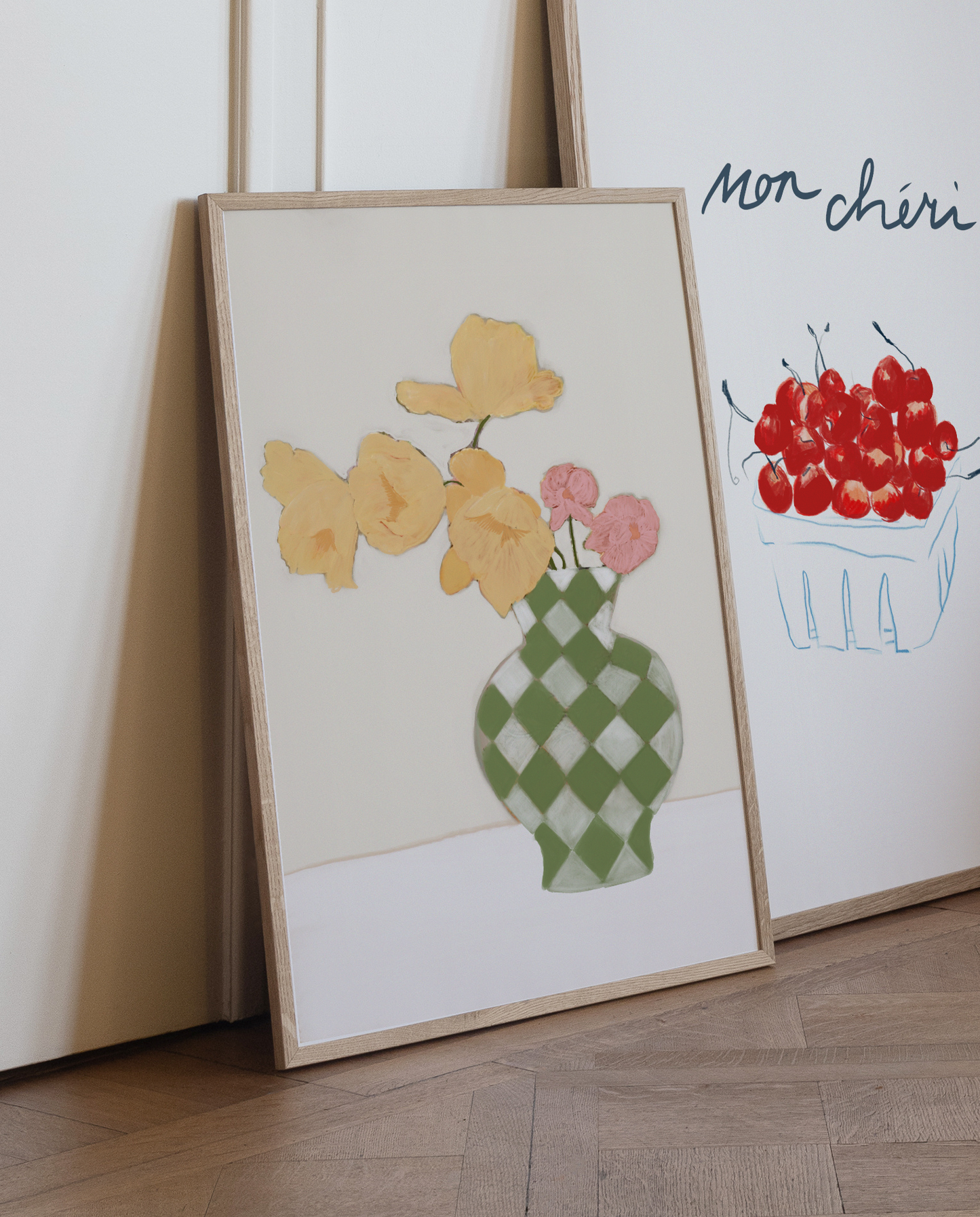 Tulips in Check Vase Print | Soft Pastel Floral Decor